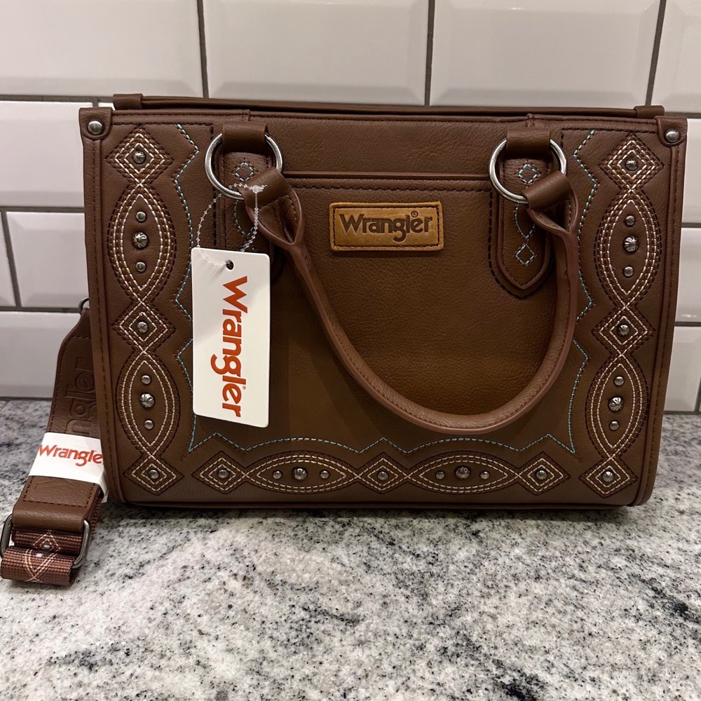 Wrangler Women Small Satchel Brown Embroidered Studded Western Crossbody Bag